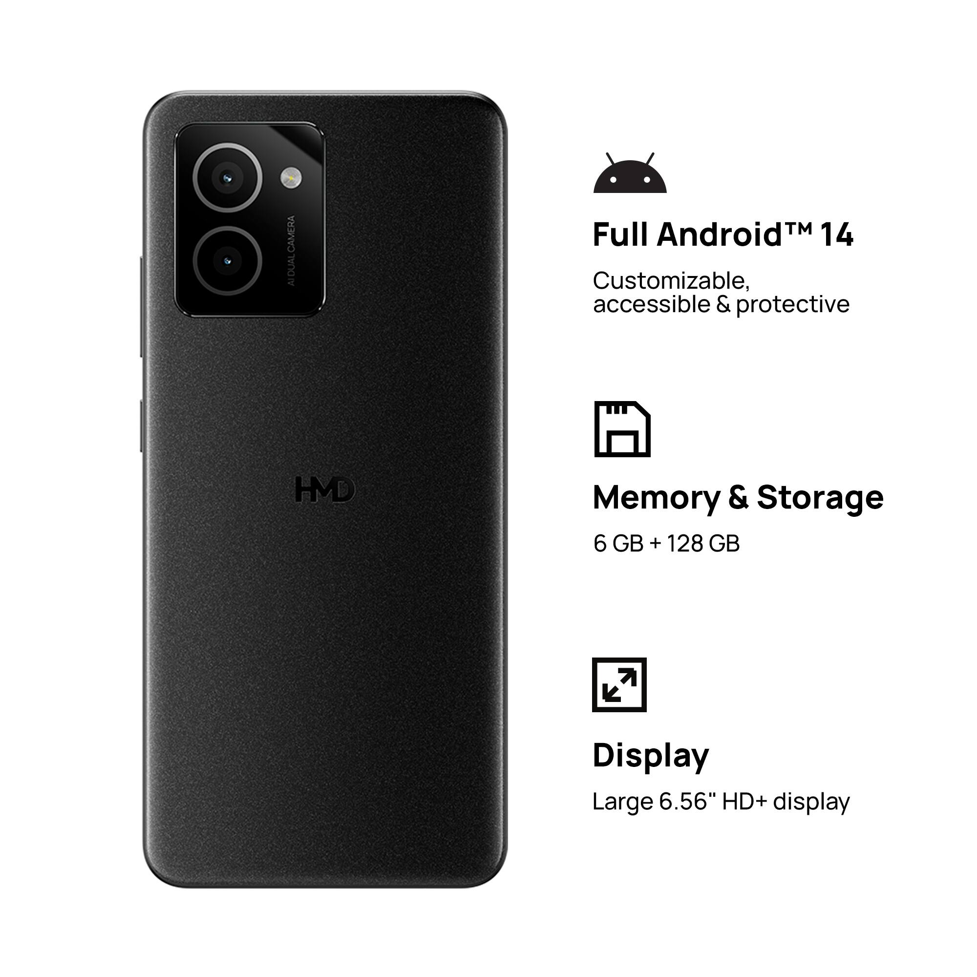 AIDUALCAMERA Full AndroidTM 14 Customizable, accessible & protective HMD Memory & Storage 6 GB + 128 GB Display Large 6.56" HD+ display