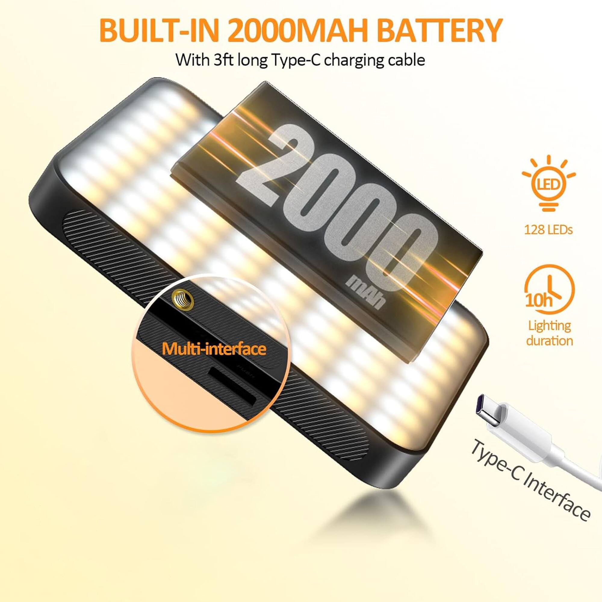 BUILT-IN 2000MAH BATTERY  
With 3ft long Type-C charging cable  

LED  
128 LEDs  

Lighting duration  
10h  

Multi-interface  

Type-C Interface