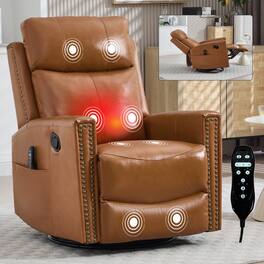 GOODSILO - Premium Genuine Leather Massage Recliner Chair with Swivel and Rocking Function for Ultimate Comfort - Orange