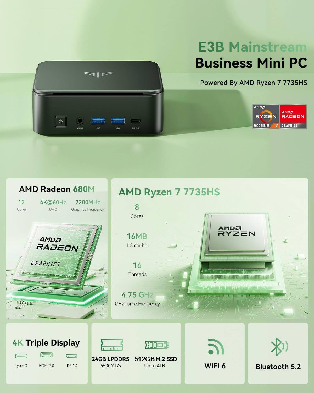 E3B Mainstream Business Mini PC  
Powered By AMD Ryzen 7 7735HS  

AMD Radeon 680M  
- 12 Cores  
- 4K@60Hz UHD  
- 2200MHz Graphics frequency  

AMD Ryzen 7 7735HS  
- 8 Cores  
- 16MB L3 cache  
- 16 Threads  
- 4.75 GHz Turbo Frequency  

4K Triple Display  
- Type-C  
- HDMI 2.0  
- DP 1.4  

24GB LPDDR5  
512GB M.2 SSD (Up to 4TB)  
5500MT/s  

WIFI 6  
Bluetooth 5.2