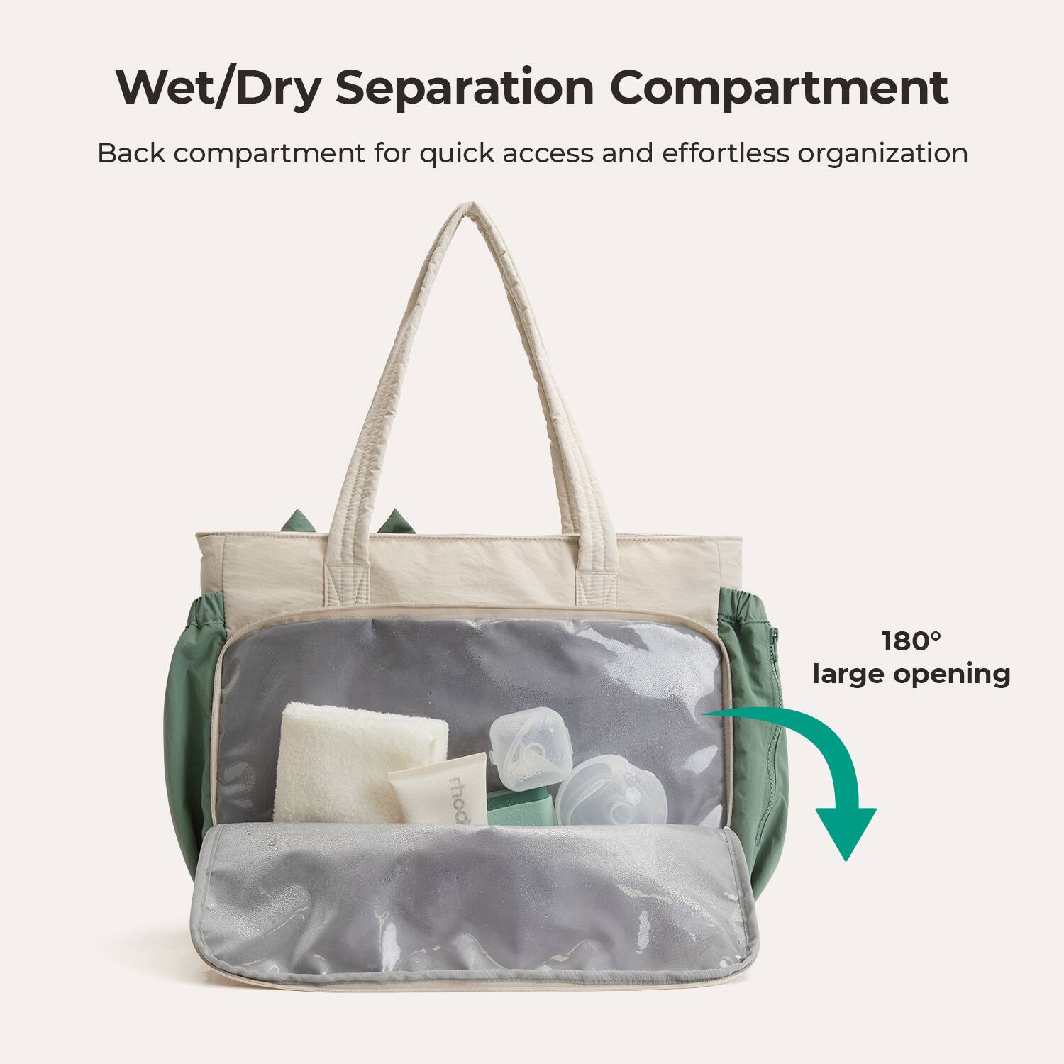 Wet/Dry Separation Compartment  
Back compartment for quick access and effortless organization  
180° large opening