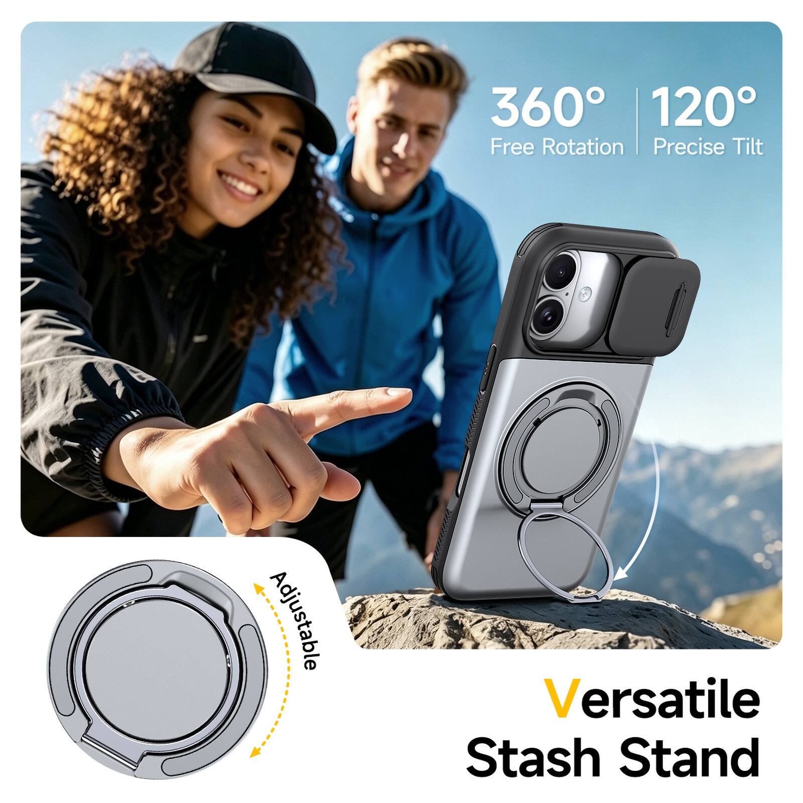 360° 120° Free Rotation | Precise Tilt  
Adjustable  
Versatile Stash Stand