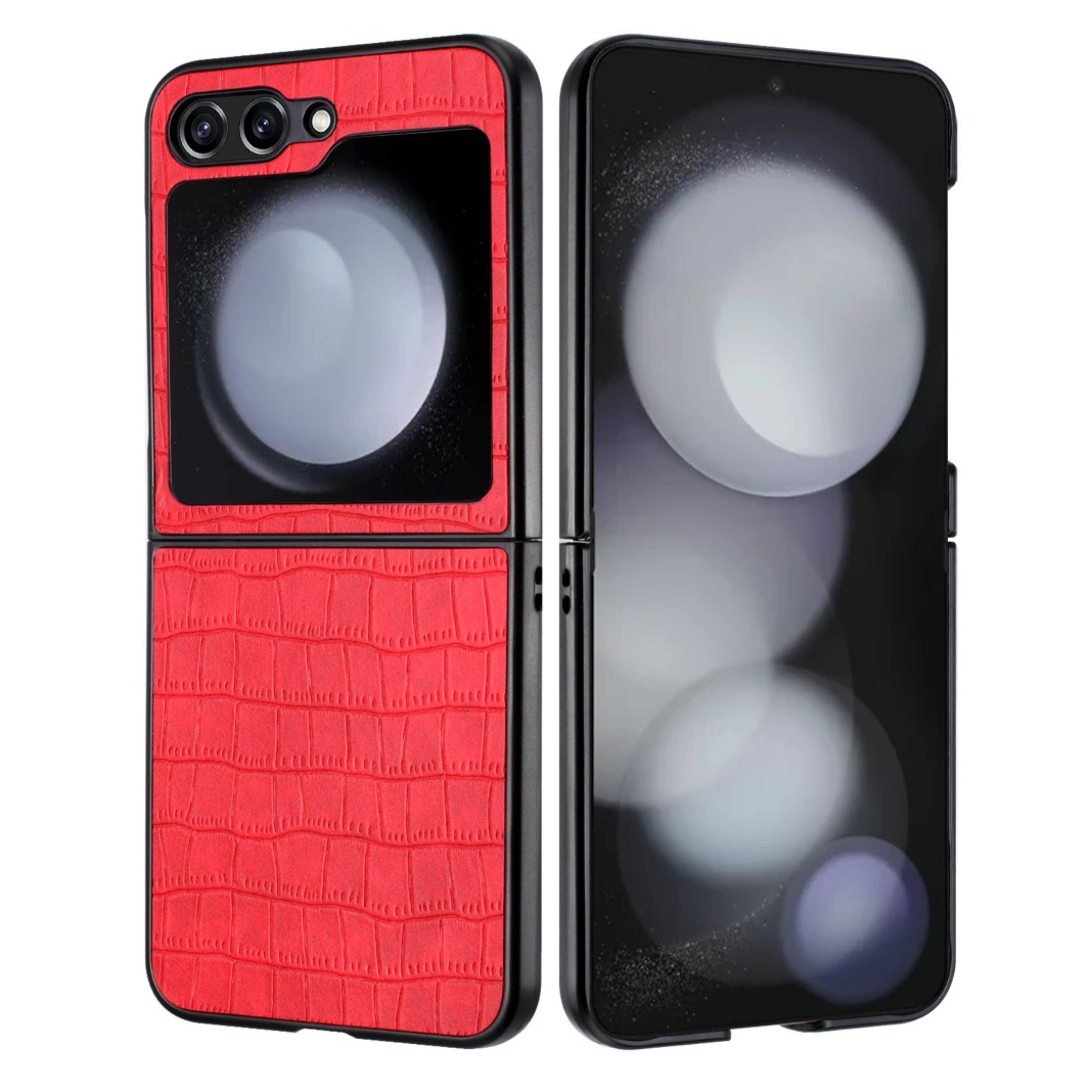 Angle. Kitcheniva - Vegan Leather Croc Design Hard Snap On Phone Case For Samsung Galaxy Z Flip6 Red - Red.