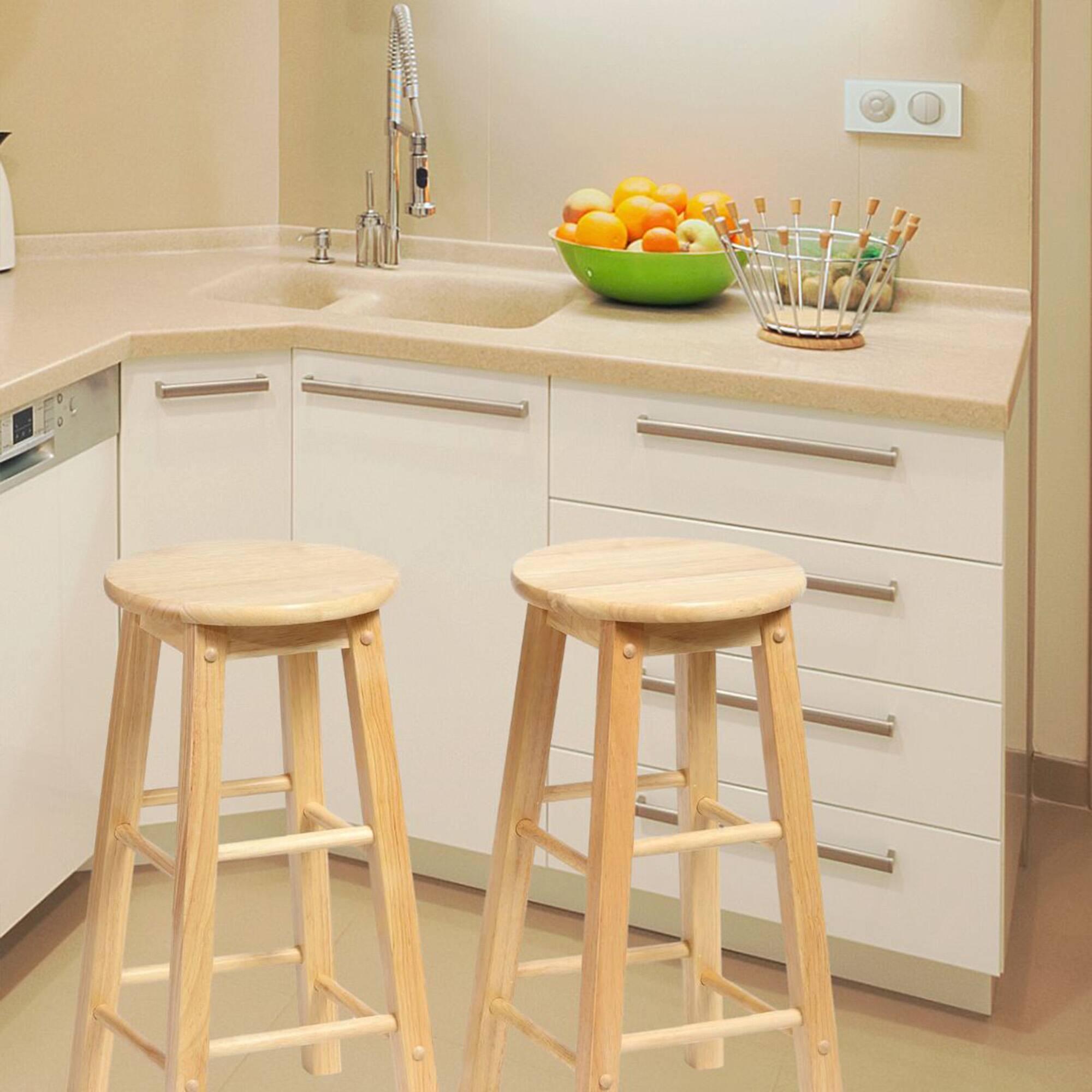 Alt View 3. PJ Wood - PJ Wood Classic Round-Seat 24" Tall Kitchen Counter Stools, Natural, Set of 2 - Natural.