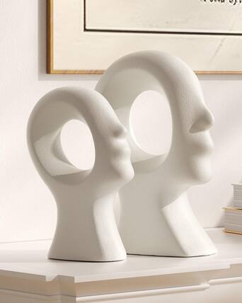Front. Refined Abode Design - Couple Decorative Statues Set - Boho Style Modern Abstract Sculptures Home Decor Ceramic Figurines For - White.