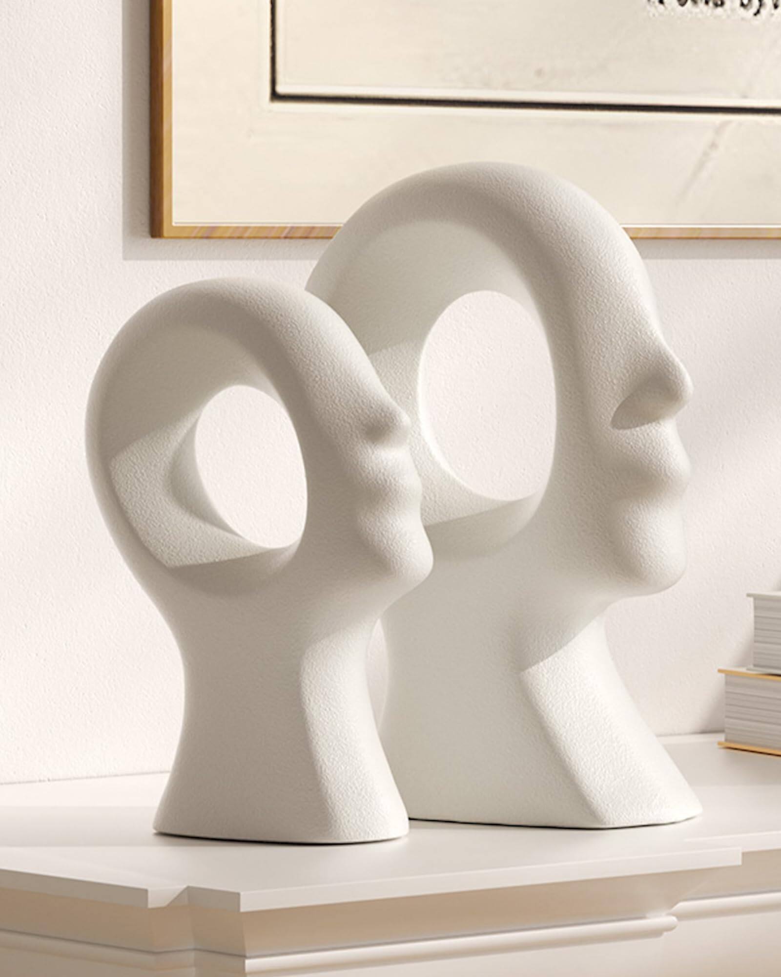 Front. Refined Abode Design - Couple Decorative Statues Set - Boho Style Modern Abstract Sculptures Home Decor Ceramic Figurines For - White.