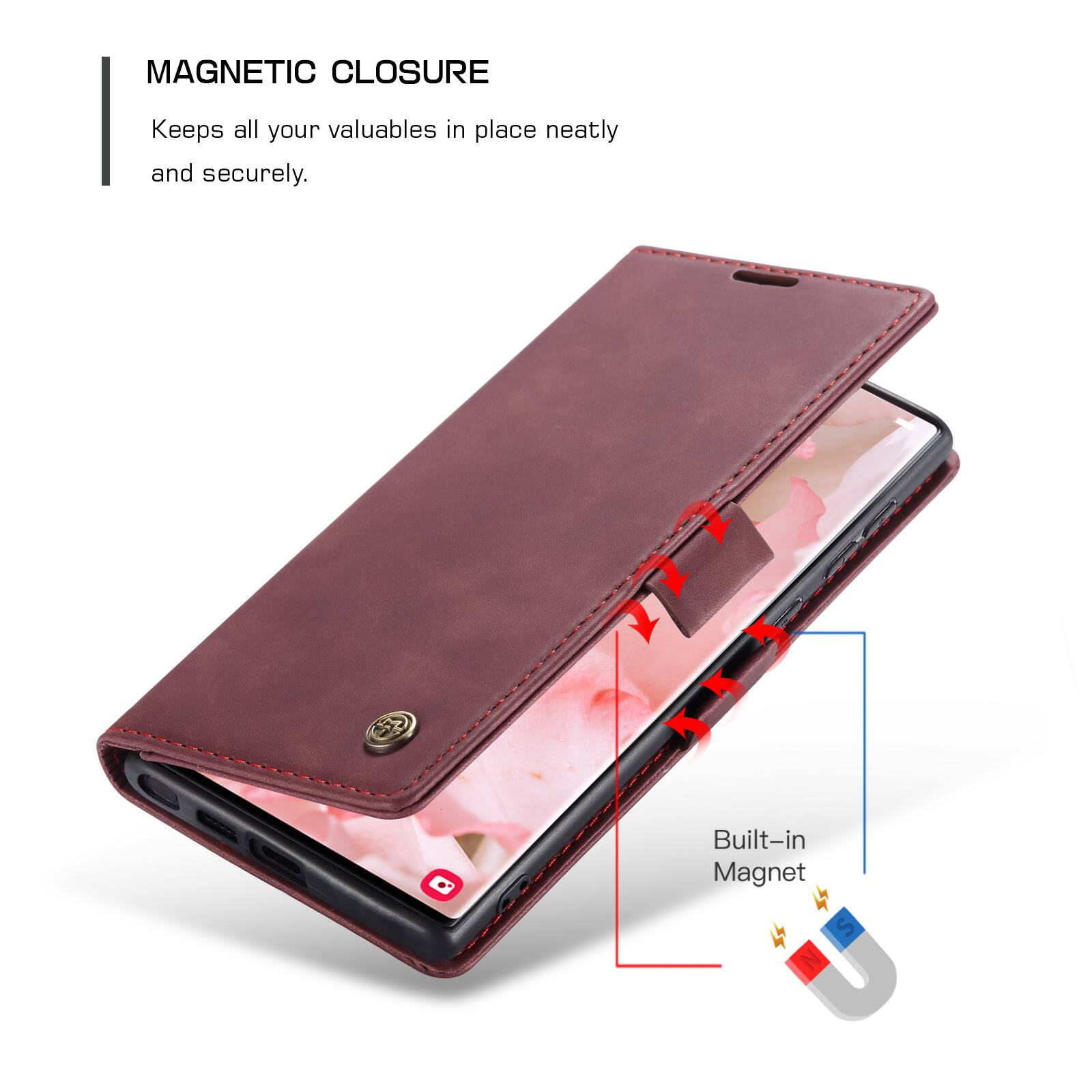 MAGNETIC CLOSURE  
Keeps all your valuables in place neatly and securely.  
Built-in Magnet