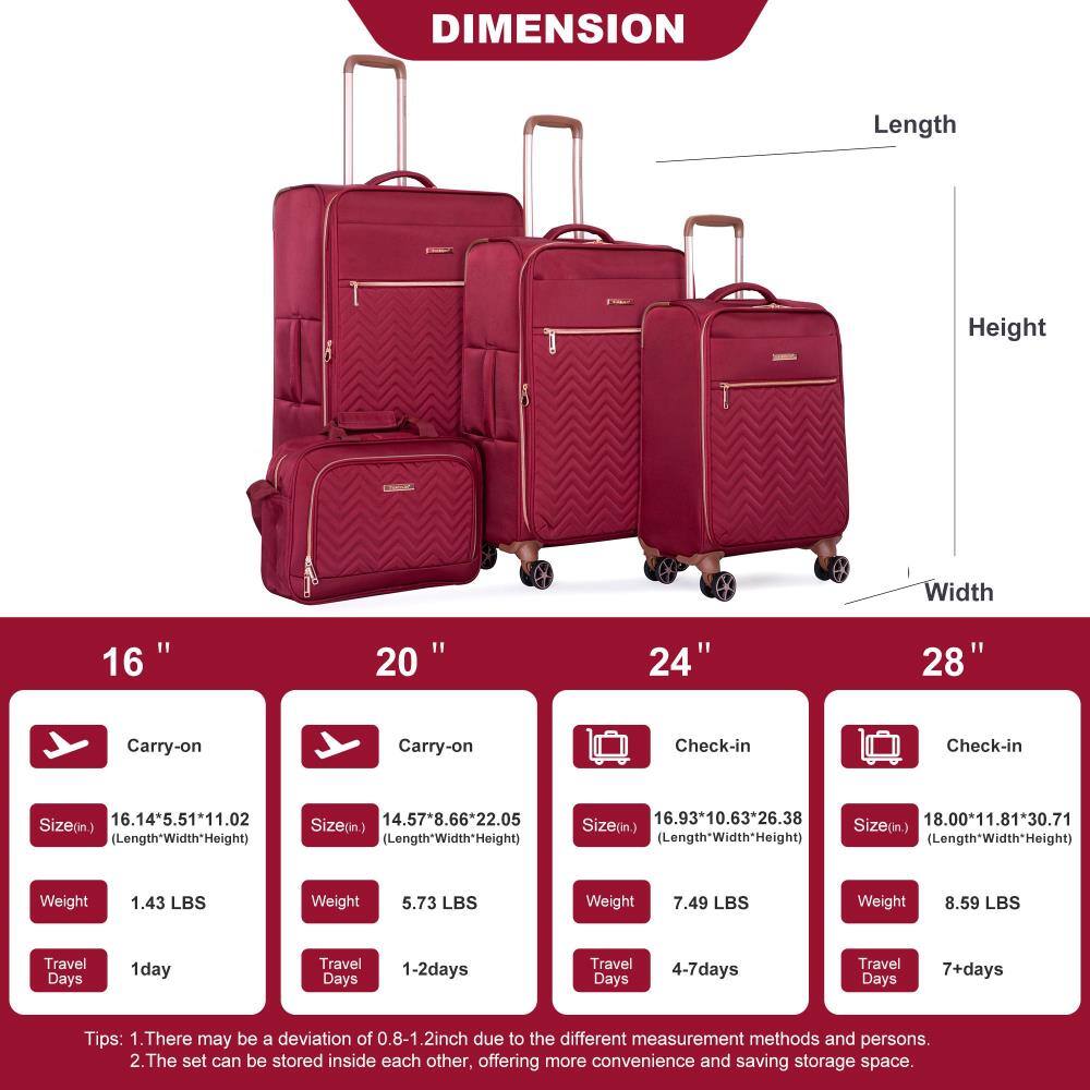 **DIMENSION**

- **16" Carry-on**
  - Size (in): 16.14" x 5.51" x 11.02"
  - Weight: 1.43 LBS
  - Travel Days: 1 day

- **20" Carry-on**
  - Size (in): 14.57" x 8.66" x 22.05"
  - Weight: 5.73 LBS
  - Travel Days: 1-2 days

- **24" Check-in**
  - Size (in): 16.93" x 10.63" x 26.38"
  - Weight: 7.49 LBS
  - Travel Days: 4-7 days

- **28" Check-in**
  - Size (in): 18.00" x 11.81" x 30.71"
  - Weight: 8.59 LBS
  - Travel Days: 7+ days

**Tips:**
1. There may be a deviation of 0.8-