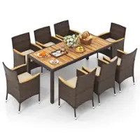 Costway 9 PCS Outdoor Dining Set with Acacia Wood Table Top Patio Dining Set for 8 People - Beige,Mix Brown - Front_Zoom
