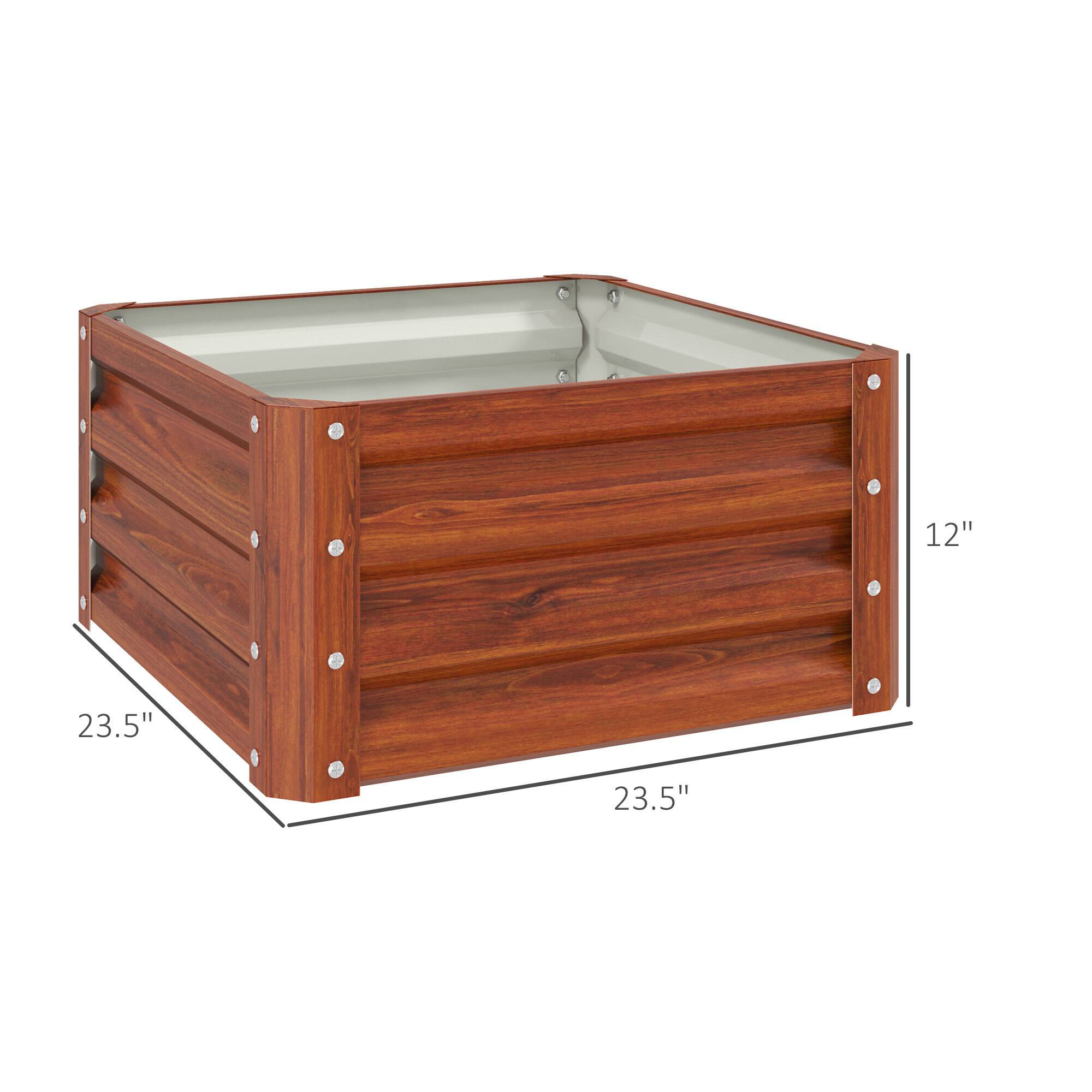 The dimensions of the wooden planter box are:

- Height: 12"
- Width: 23.5"
- Depth: 23.5"