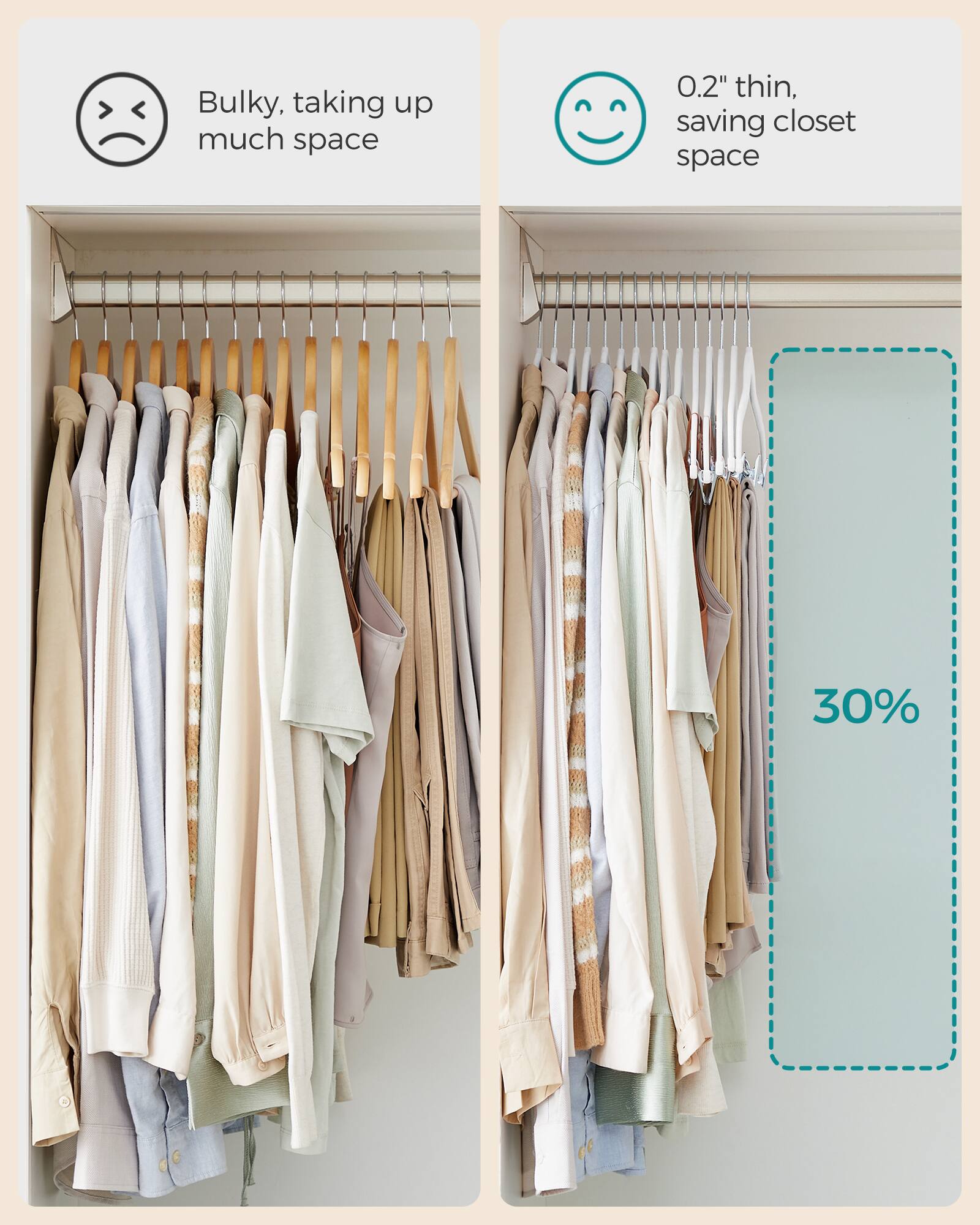 Bulky, taking up much space

0.2" thin, saving closet space

30%