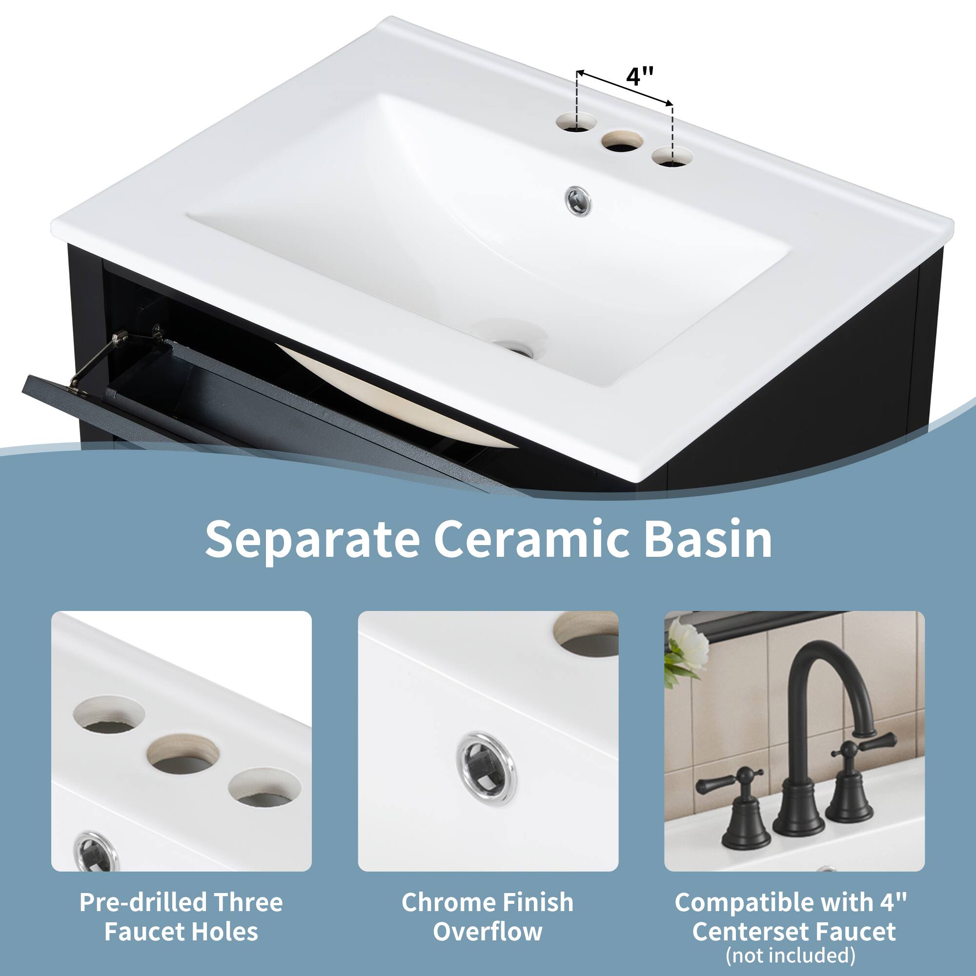 4" Separate Ceramic Basin Pre-drilled Three Faucet Holes Chrome Finish Overflow Compatible with 4" Centerset Faucet (not included)