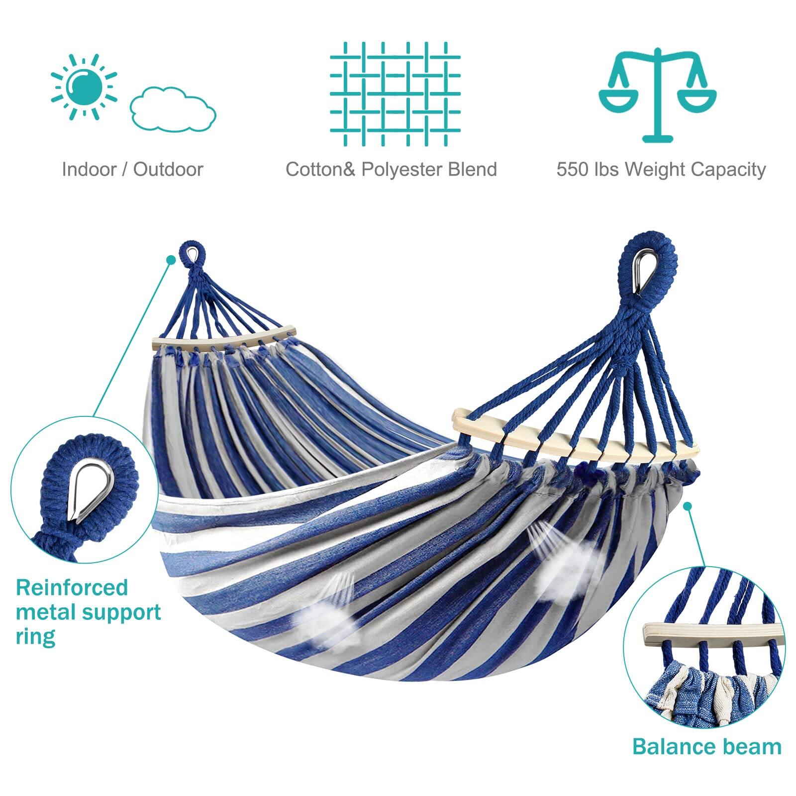 - Indoor / Outdoor
- Cotton & Polyester Blend
- 550 lbs Weight Capacity
- Reinforced metal support ring
- Balance beam