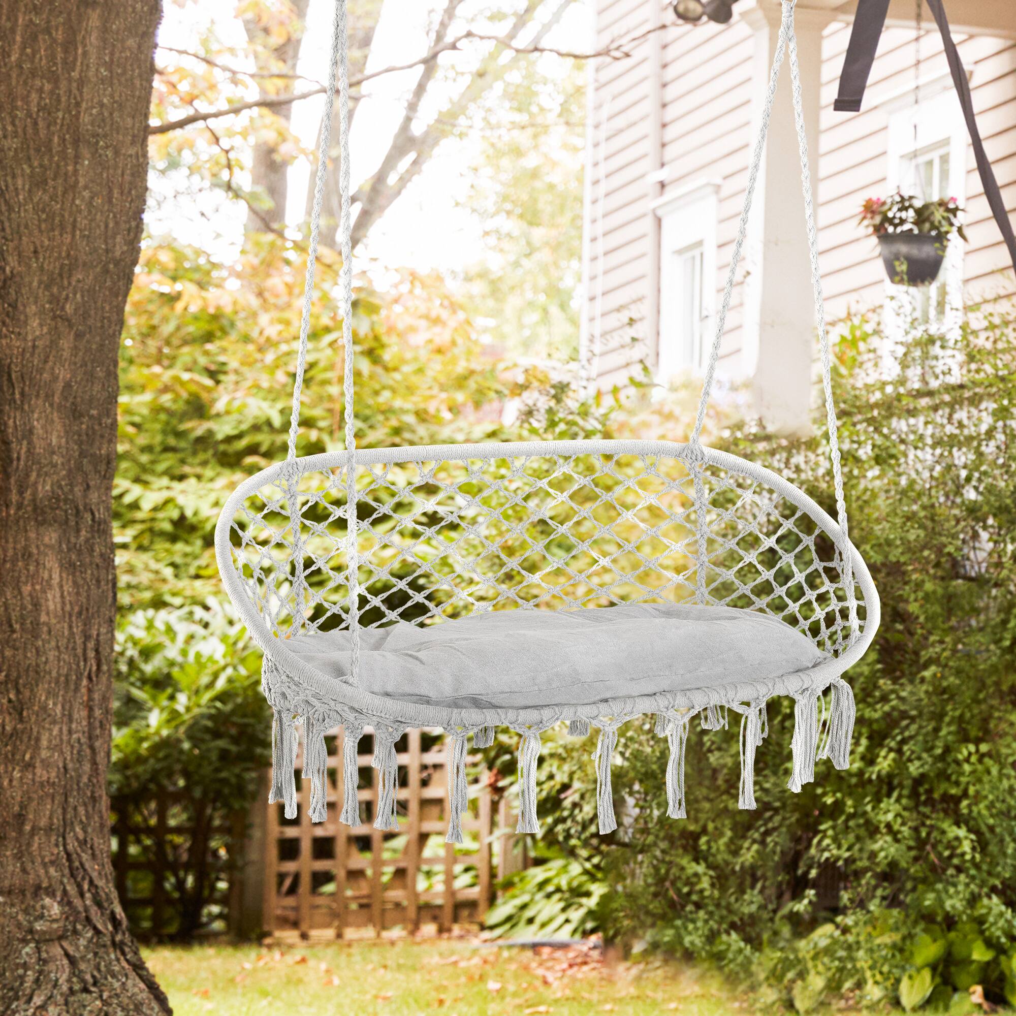 Alt View 1. Outsunny - 2-Person Hammock Chair Macrame Swing with Soft Cushion, Hanging Cotton Rope Chair for Indoor Outdoor Home Patio - Light Grey.