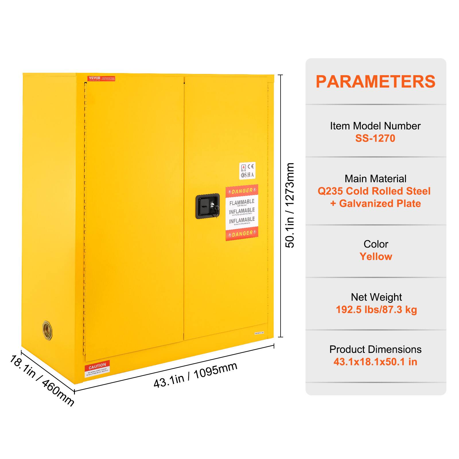PARAMETERS  
- Item Model Number: SS-1270  
- Main Material: Q235 Cold Rolled Steel + Galvanized Plate  
- Color: Yellow  
- Net Weight: 192.5 lbs / 87.3 kg  
- Product Dimensions: 43.1 x 18.1 x 50.1 in  

DANGER!  
- FLAMMABLE  
- INFLAMMABLE  

CAUTION