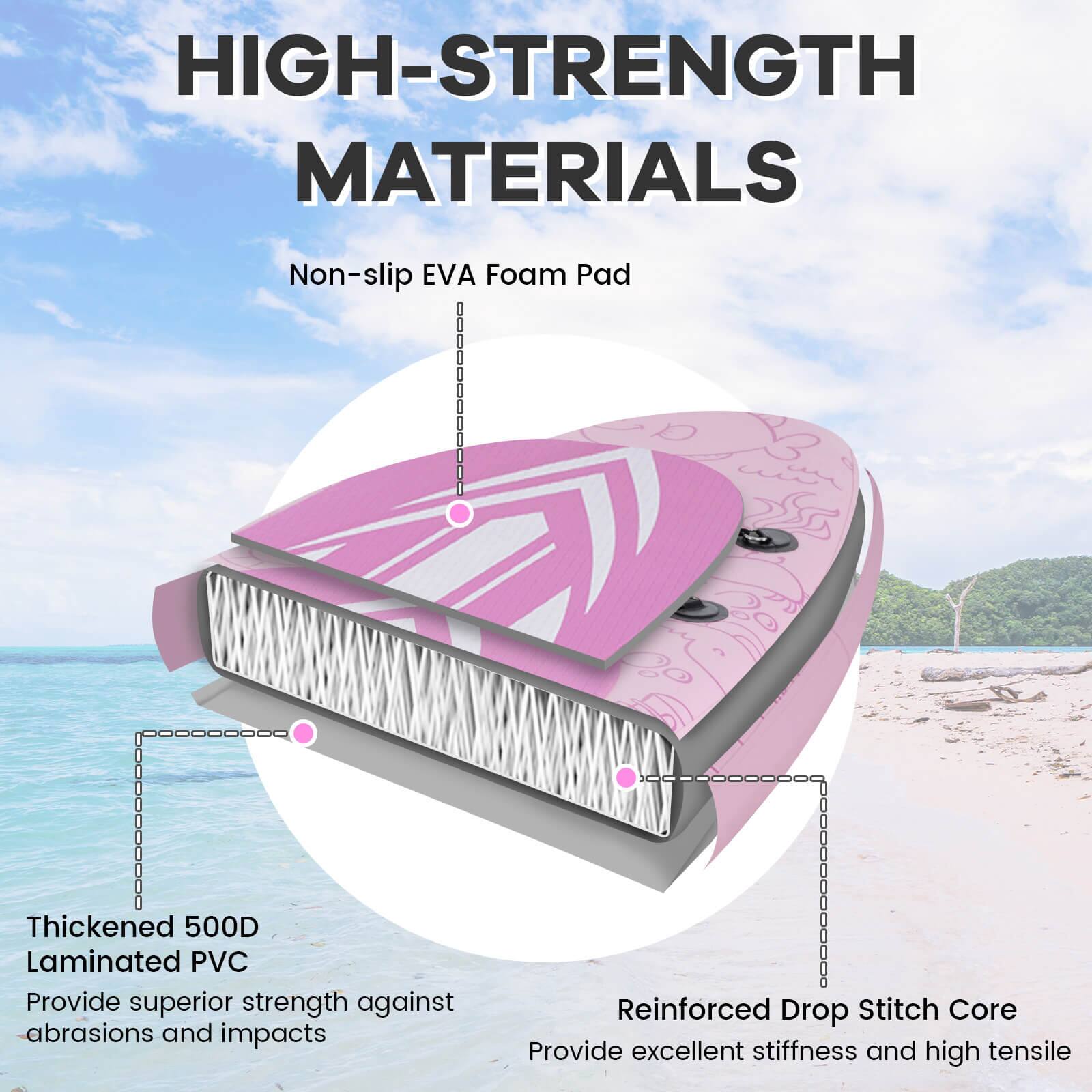 HIGH-STRENGTH MATERIALS

Non-slip EVA Foam Pad

Thickened 500D Laminated PVC
Provide superior strength against abrasions and impacts

Reinforced Drop Stitch Core
Provide excellent stiffness and high tensile