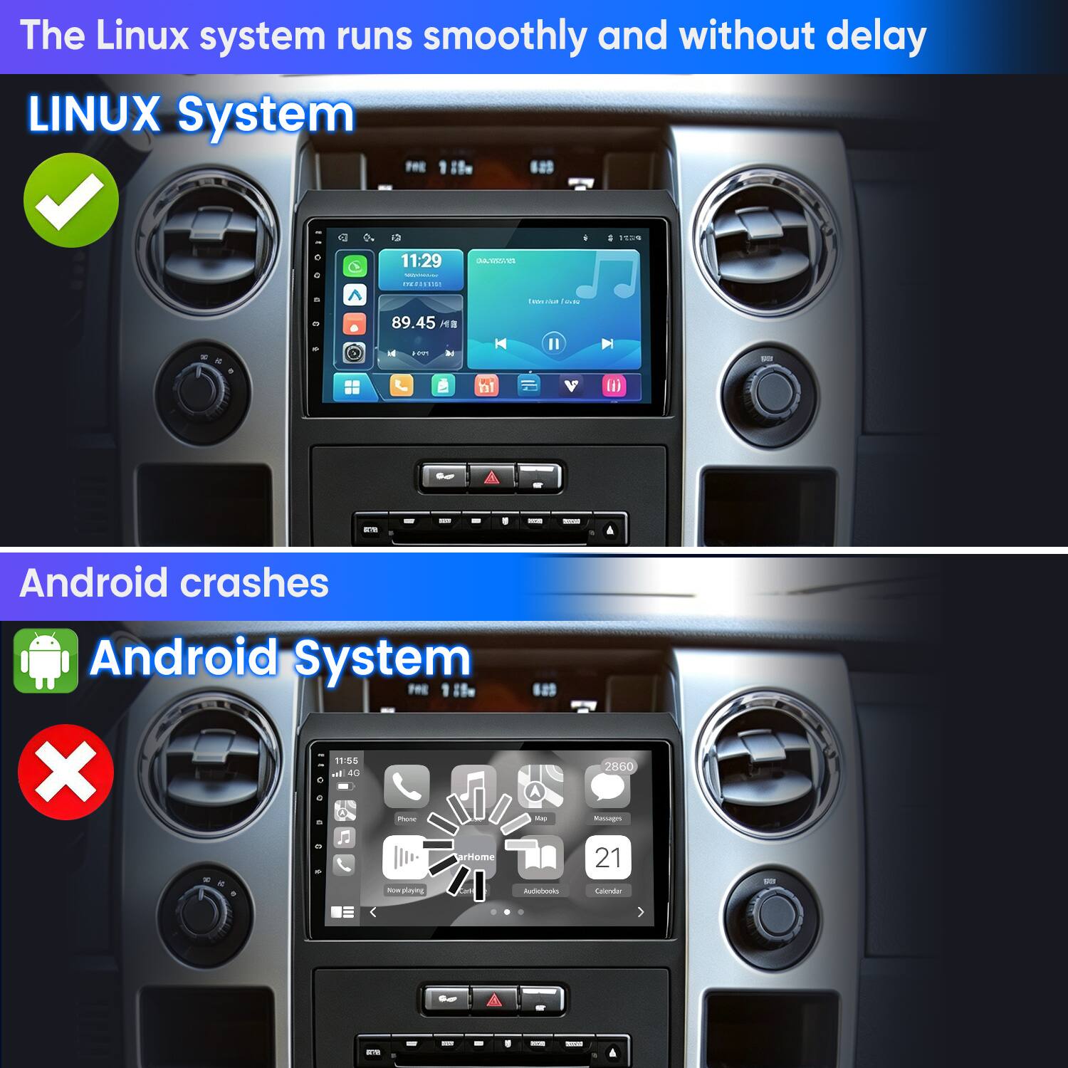 The Linux system runs smoothly and without delay  
LINUX System

Android crashes  
Android System