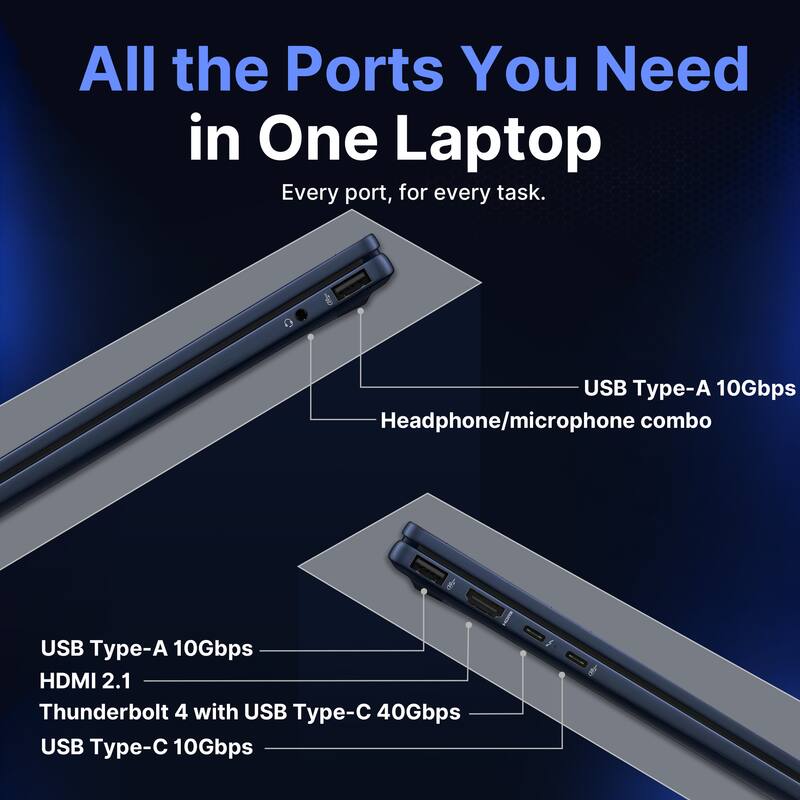 All the Ports You Need in One Laptop  
Every port, for every task.  

USB Type-A 10Gbps  
Headphone/microphone combo  

USB Type-A 10Gbps  
HDMI 2.1  
Thunderbolt 4 with USB Type-C 40Gbps  
USB Type-C 10Gbps