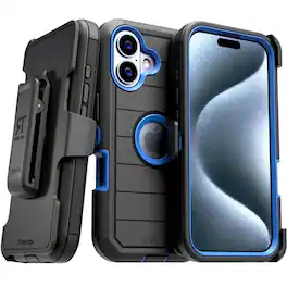RomeTech - Defender Case for iPhone 16 Plus with Belt Clip, Kickstand, Dual-Layer - Black & Blue