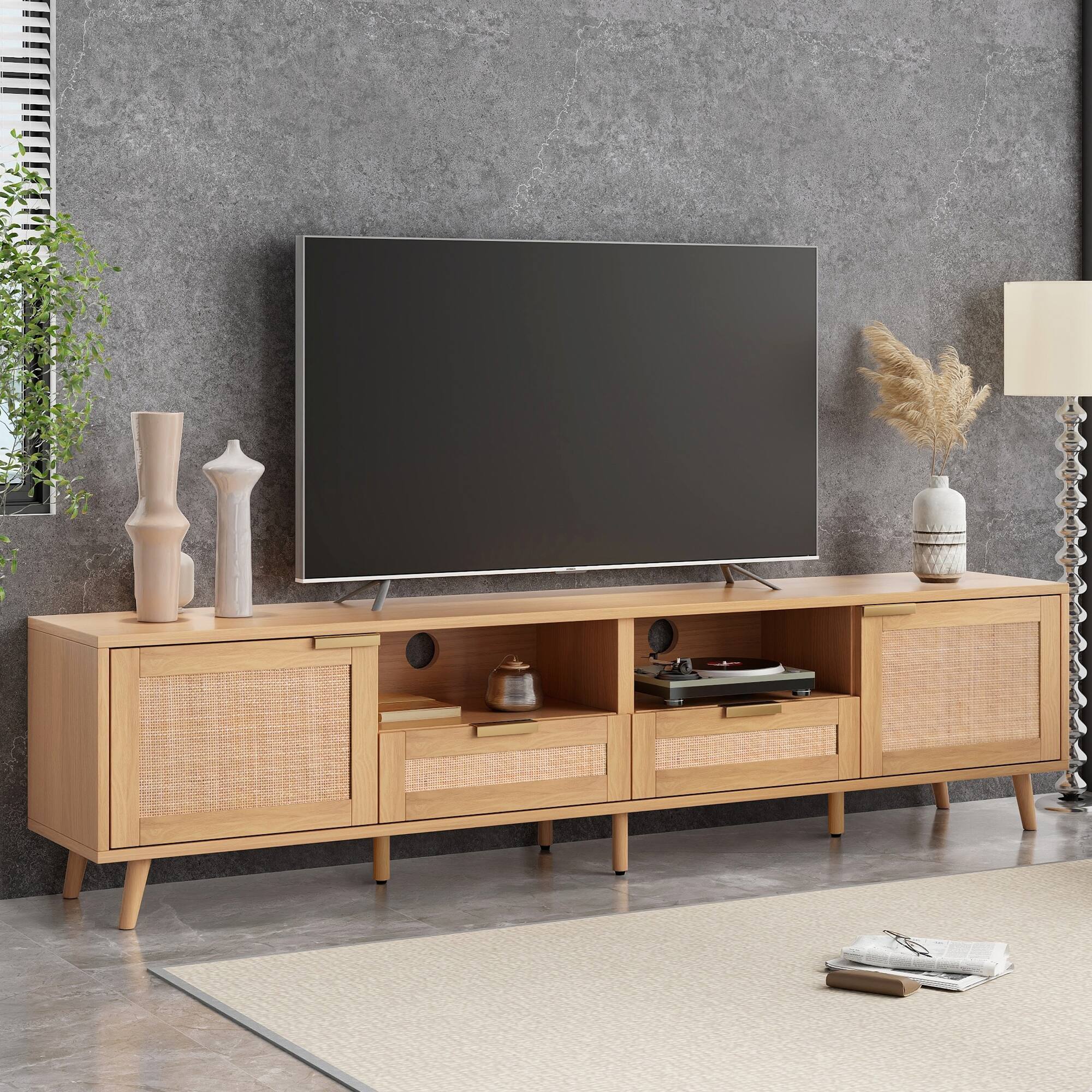 Alt View 1. Spaco - Spaco Rattan TV Stand for 85" TV, Modern Farmhouse Media Console with Solid Wood Legs for Living Room Home Theater - Wood.
