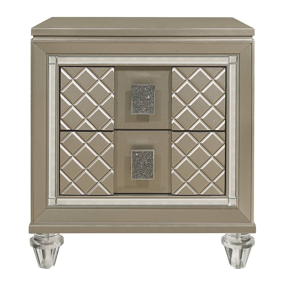 Angle. Loheer - Loheer Champagne Nightstand with Two Drawers, Beveled Mirror Trim and Acrylic Feet - Champagne.
