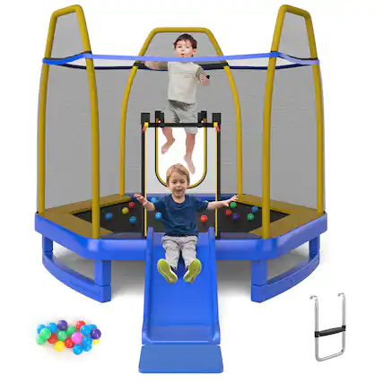 Front. Gymax - Gymax 7FT Kids Recreational Trampoline w/Ladder & Slide Ocean Ball Indoor Outdoor Blue - Blue + Yellow.