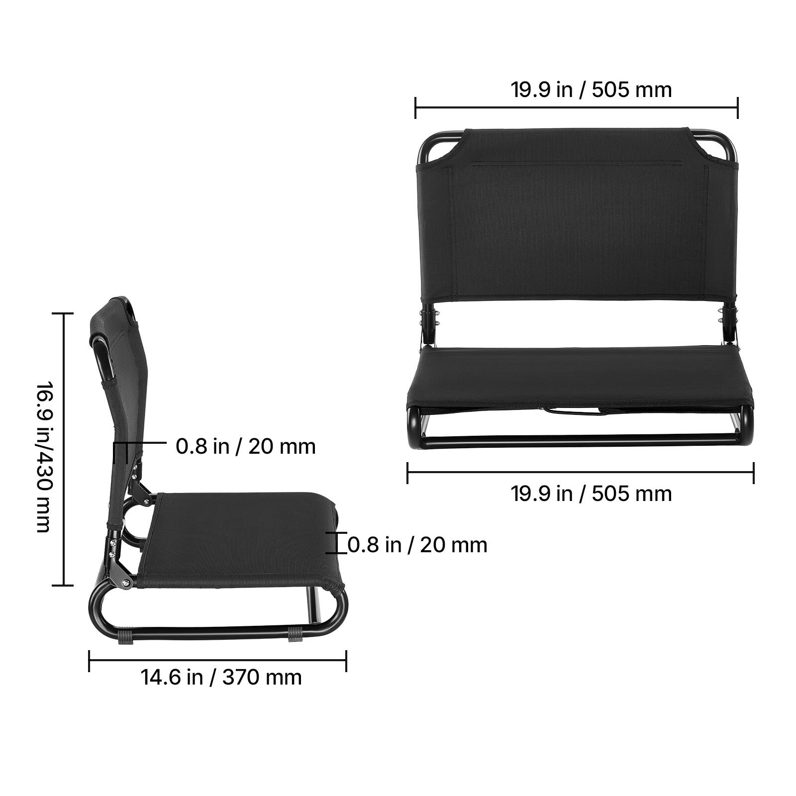 19.9 in / 505 mm  
16.9 in / 430 mm  
0.8 in / 20 mm  
0.8 in / 20 mm  
19.9 in / 505 mm  
14.6 in / 370 mm