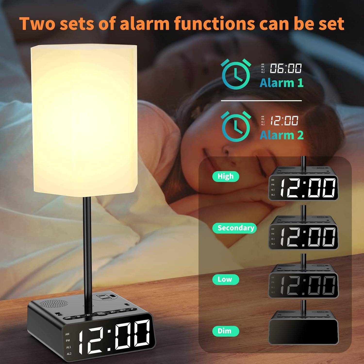 Two sets of alarm functions can be set

- Alarm 1: 06:00
- Alarm 2: 12:00

High
Secondary
Low
Dim