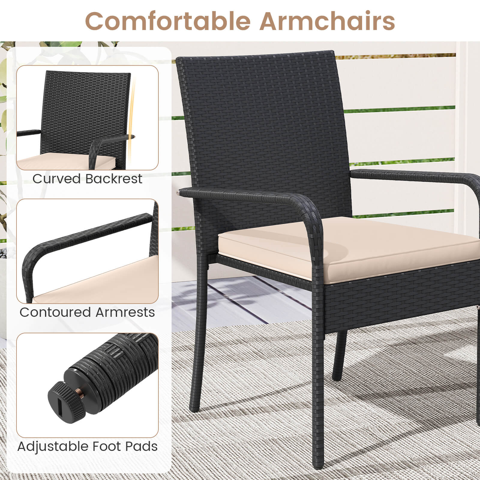 Comfortable Armchairs

- Curved Backrest
- Contoured Armrests
- Adjustable Foot Pads