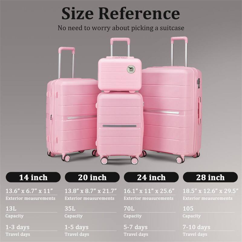 Size Reference  
No need to worry about picking a suitcase

14 inch  
13.6" x 6.7" x 11"  
Exterior measurements  
13L Capacity  
1-3 days Travel days

20 inch  
13.8" x 8.7" x 21.7"  
Exterior measurements  
35L Capacity  
1-5 days Travel days

24 inch  
16.1" x 11" x 25.6"  
Exterior measurements  
70L Capacity  
5-7 days Travel days

28 inch  
18.5" x 12.6" x 29.5"  
Exterior measurements  
105 Capacity  
7-10 days Travel days