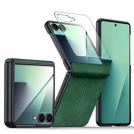 Dteck - Rugged Case for Samsung Galaxy Z Flip8 Shockproof PU Leather Hinge Protection Cover Built-in Front Screen Protector - Green