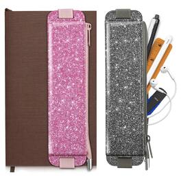 Kitcheniva - Adjustable Elastic Band Pencil Case Pen Holder For Notebook Tablets Pack Of 2 - Glitter Pink & Gray