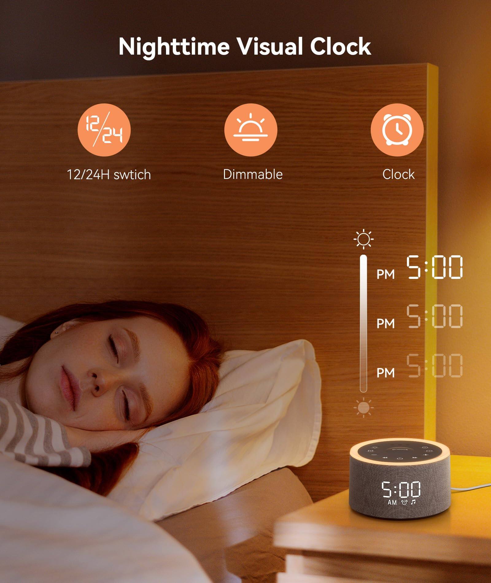 Nighttime Visual Clock

12/24H switch  
Dimmable  
Clock  

PM 5:00  
PM 5:00  
PM 5:00  

5:00 AM