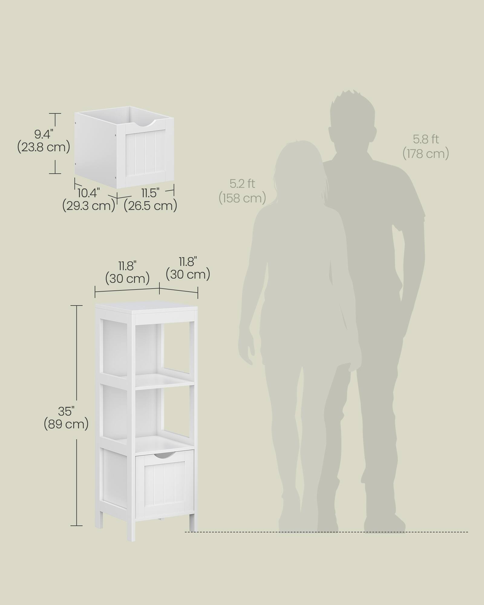 9.4" (23.8 cm)  
10.4" (26.5 cm)  
11.5" (29.3 cm)  
5.2 ft (158 cm)  
5.8 ft (178 cm)  
11.8" (30 cm)  
11.8" (30 cm)  
35" (89 cm)