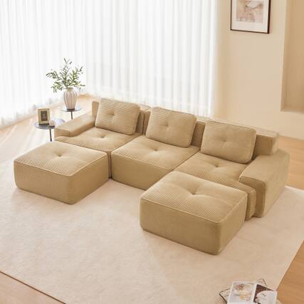 Front. Anysun - 117" U-Shape Corduroy Sectional Sofa with Ottoman - 3-Seat Deep-Seat Couch, Pearl Piping, Tufted, No Assembly - Camel.