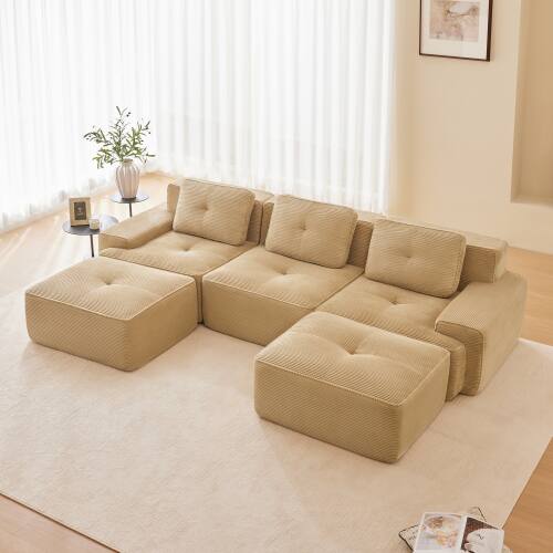 Front. Anysun - 117" U-Shape Corduroy Sectional Sofa with Ottoman - 3-Seat Deep-Seat Couch, Pearl Piping, Tufted, No Assembly - Camel.