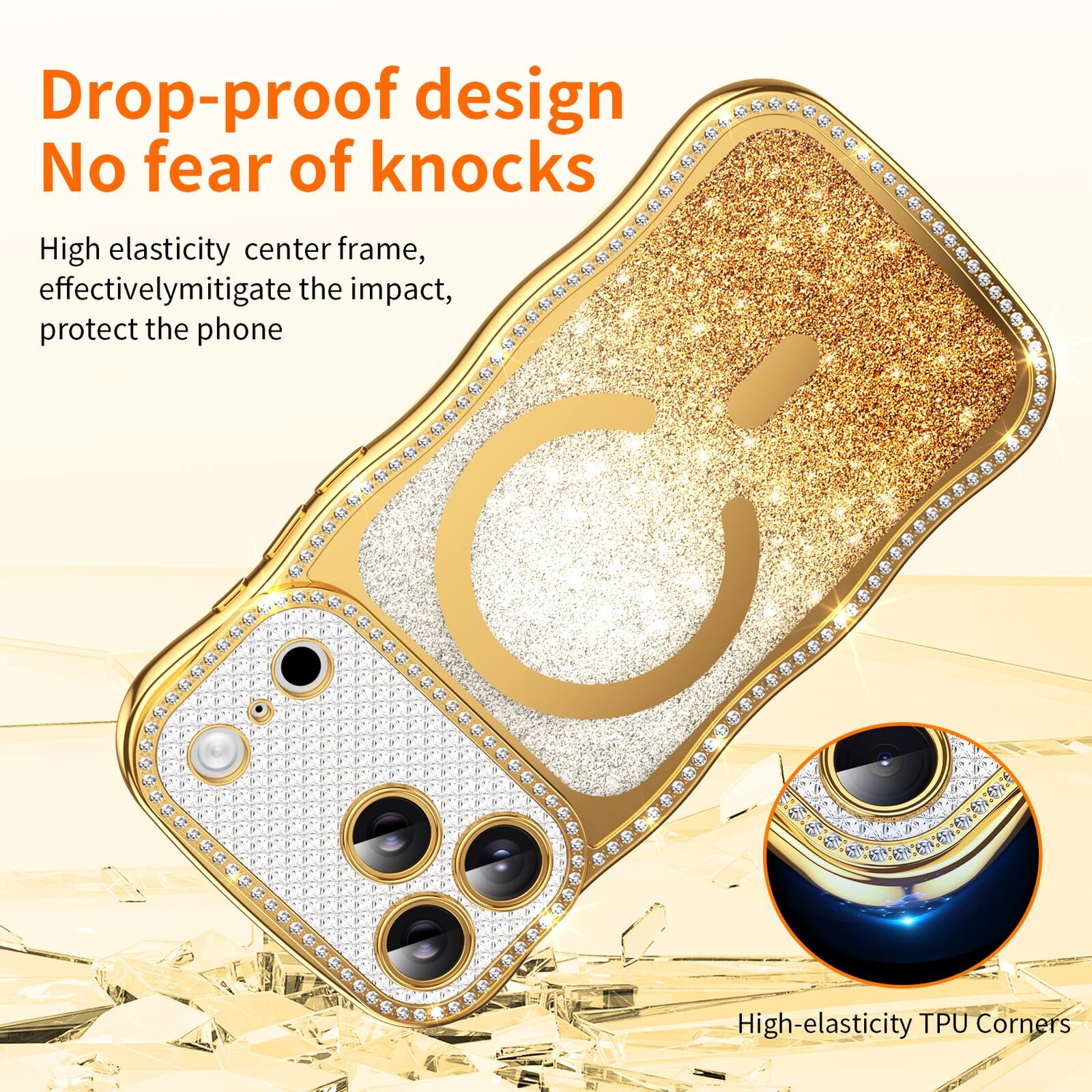Drop-proof design  
No fear of knocks  

High elasticity center frame, effectively mitigate the impact, protect the phone  

High-elasticity TPU Corners