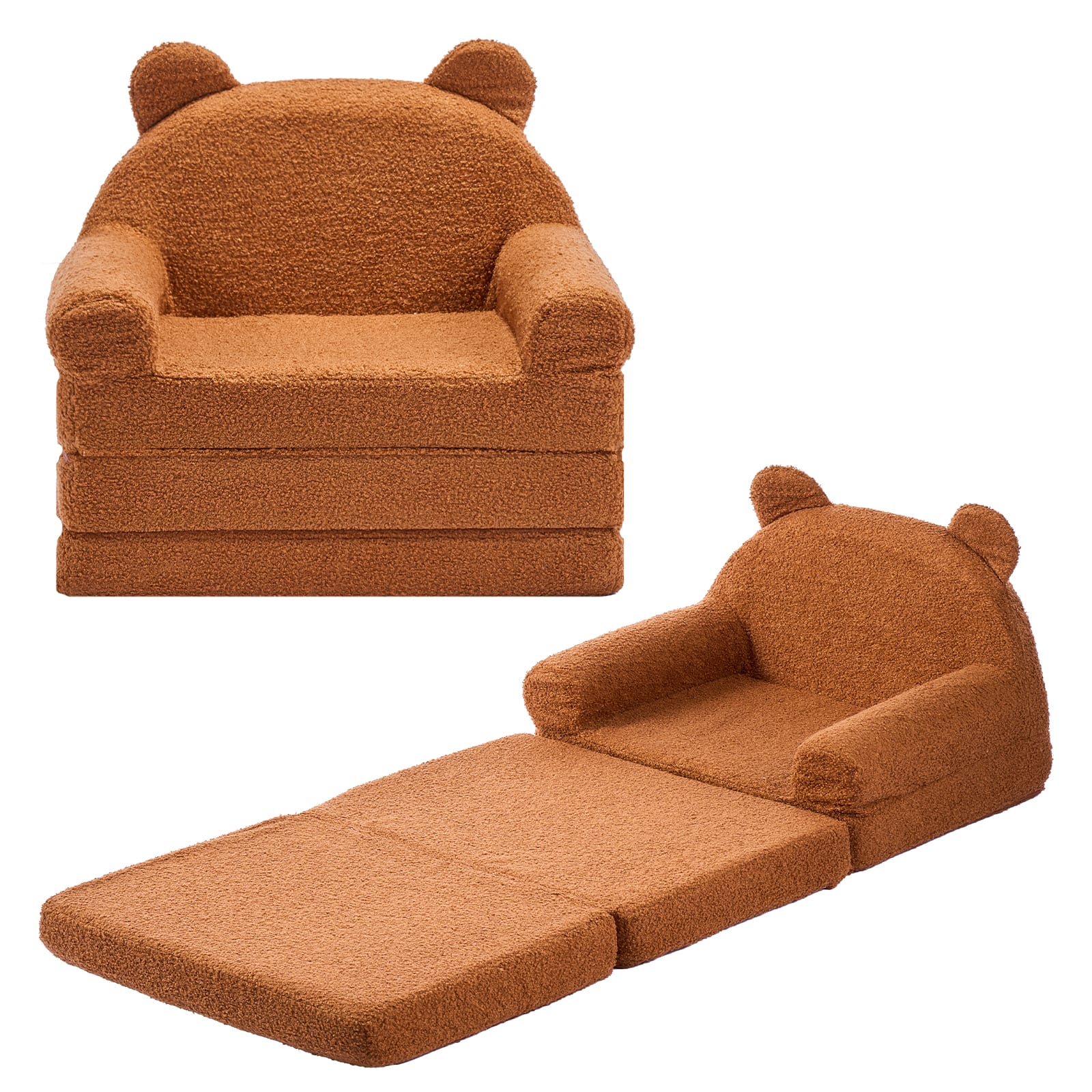 VEVOR - Made of 28D Sponge & Teddy Fleece, Convertible Toddler Chair to Lounger, Kid Couch Fold Out for Reading or Gaming - Brown