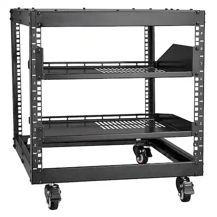 Front. VEVOR - 9U Open Frame Server Rack, 23''-40'' Adjustable Depth, Free Standing or Wall Mount Network Server Rack with 360° Casters - Black.