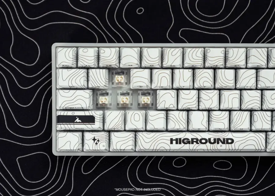 HIGROUND is a brand of keyboard that features a unique design with a map-like pattern on the keys. The keyboard is white and has a distinctive appearance, making it stand out from other standard keyboards. The image shows the keyboard with its keys and the map-like design, but it does not include a mouse pad.