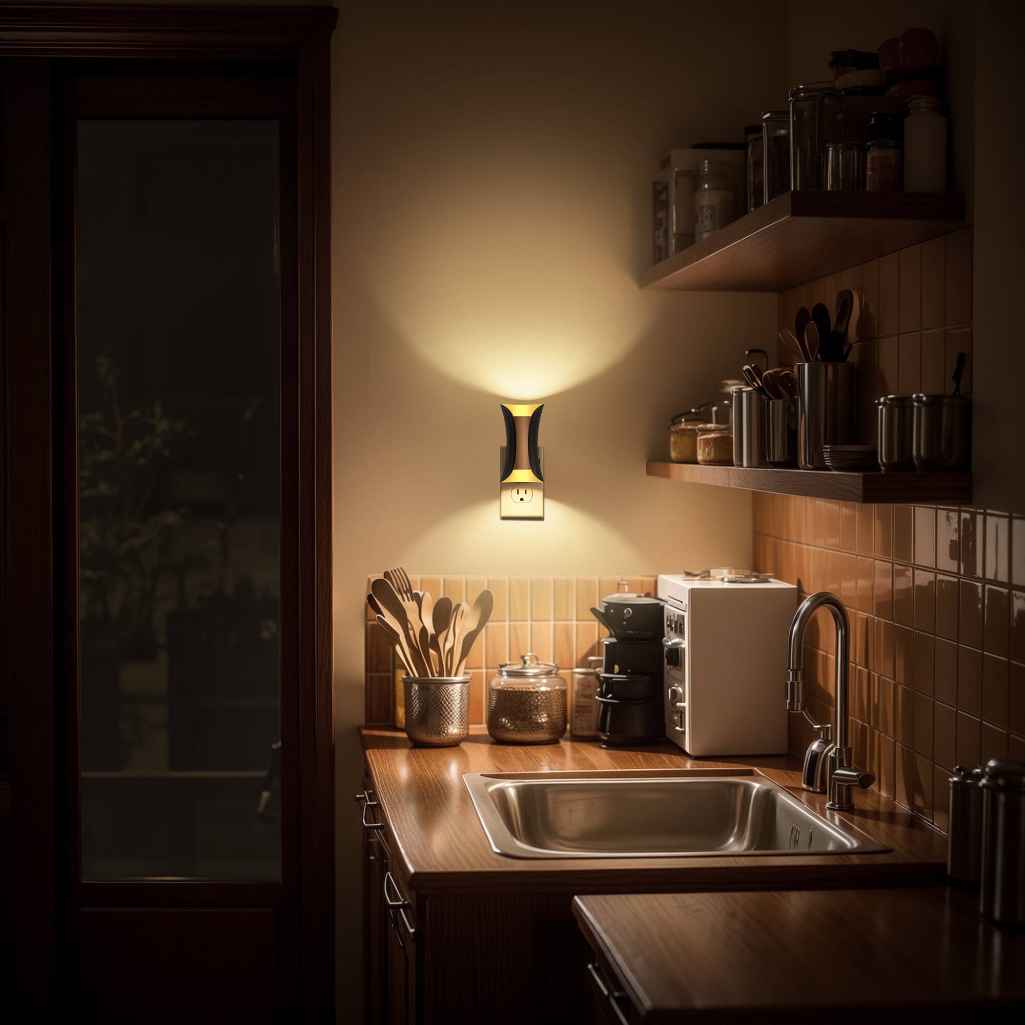 Left. Jandcase - JANDCASE 2-Pack 1W  Plug-in Night Light, 3000K Warm Glow, Champagne Gold Finish, Up/Down Light, - Black.