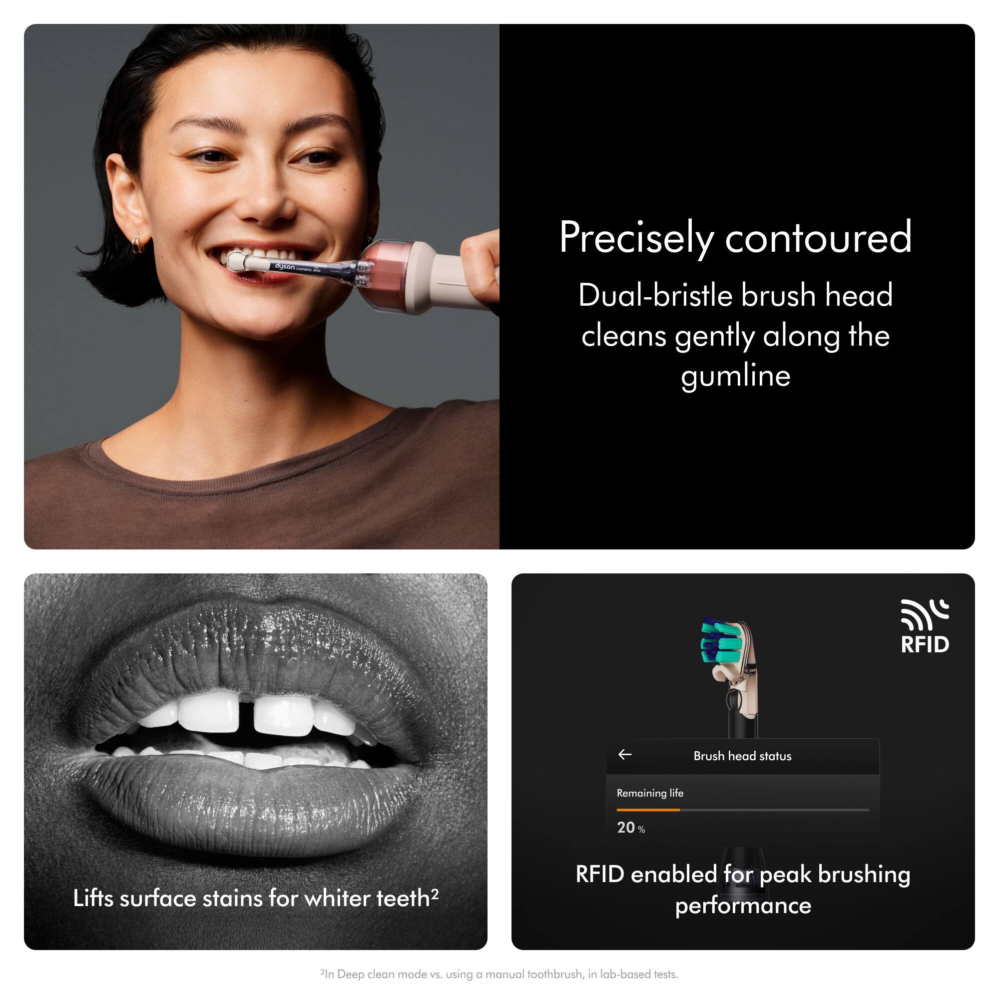 ojeon

Precisely contoured Dual-bristle brush head cleans gently along the gumline

RFID

Brush head status
Remaining life
20

Lifts surface stains for whiter teeth2

RFID enabled for peak brushing performance

*In Deep clean mode VS. using a manual toothbrush, in lab-based tests.