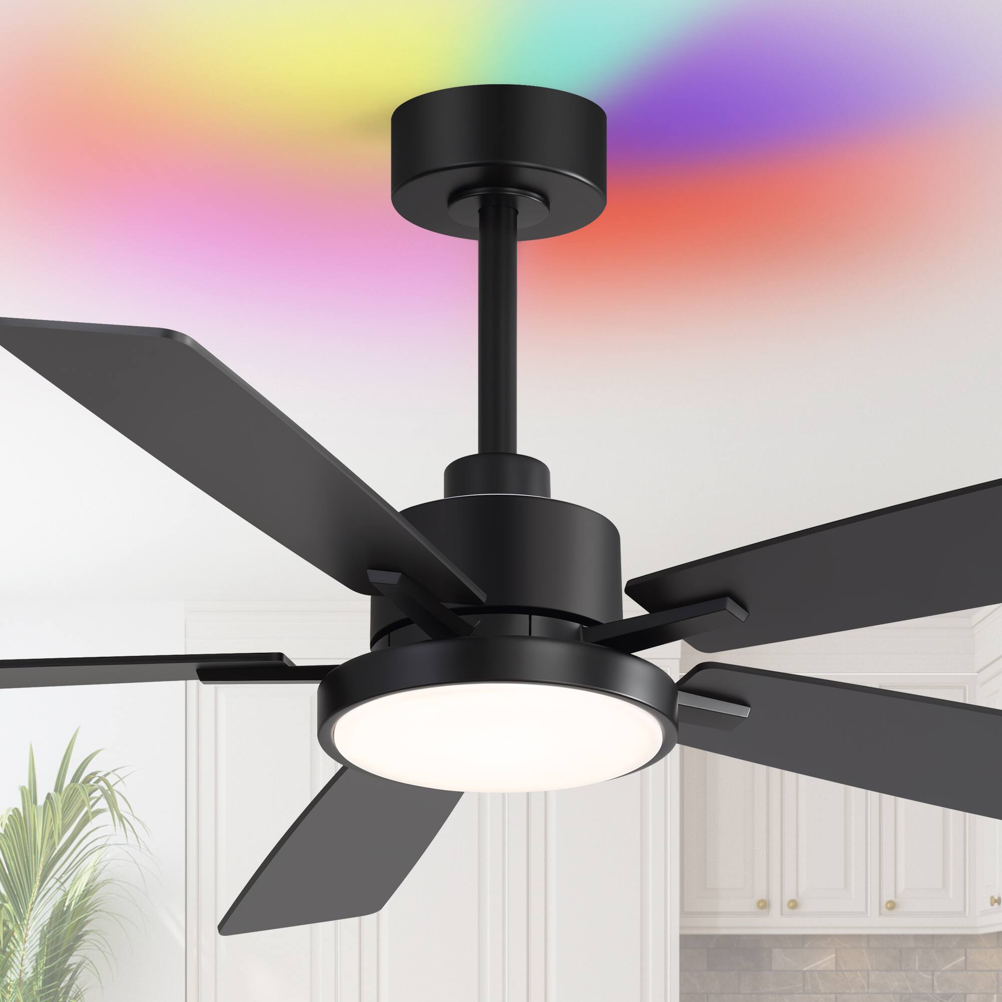 Left. Breezary - 52 Inch Smart Bluetooth RGB Backlight Ceiling Fans with Lights and Remote, 6 Speeds, 5 Plywood Blades, 5" & 10" Downrods - black.