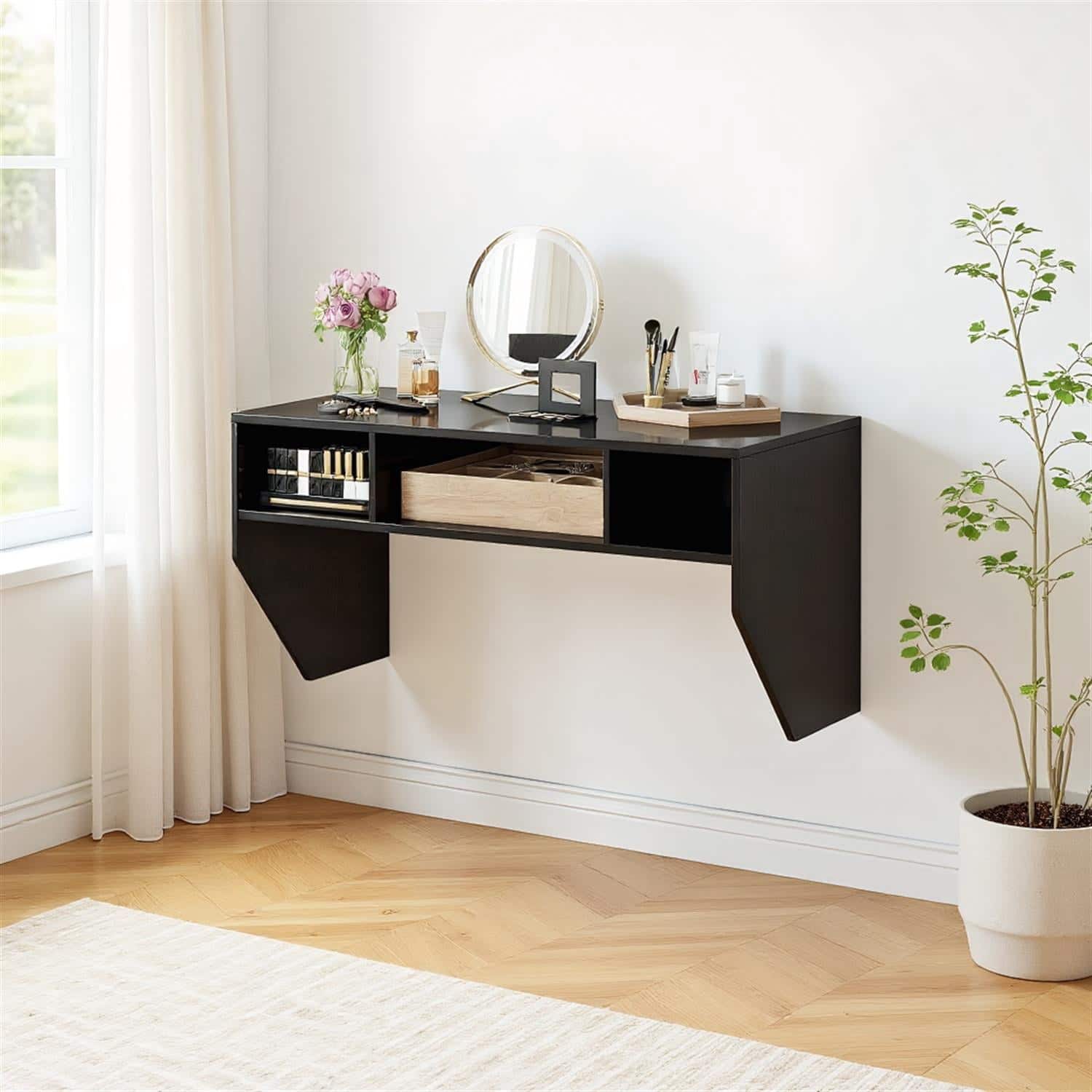 Pefilos - Wall-Mounted Floating Computer Desk with 3 Storage Compartments, Space-Saving Laptop Table for Home Office Bedroom - Black