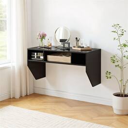 Pefilos - Wall-Mounted Floating Computer Desk with 3 Storage Compartments, Space-Saving Laptop Table for Home Office Bedroom - Black