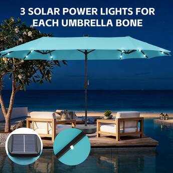 light blue patio umbrella with lights UNIDAZE 15 x 8.8' Outdoor Double-Sided Market Solar Lig AINFOX This deluxe solar LED patio umbrella measures 9 ft ACEGOSES 10-ft Steel Light blue