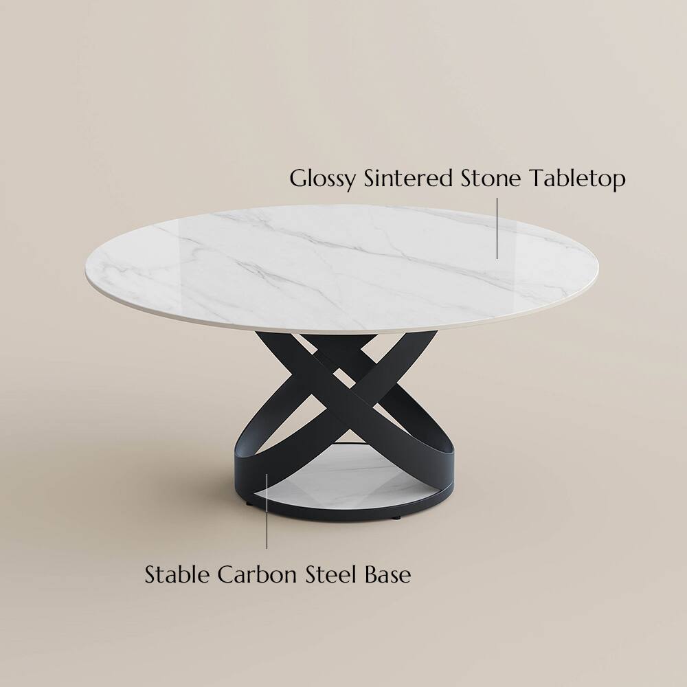 Glossy Sintered Stone Tabletop  
Stable Carbon Steel Base