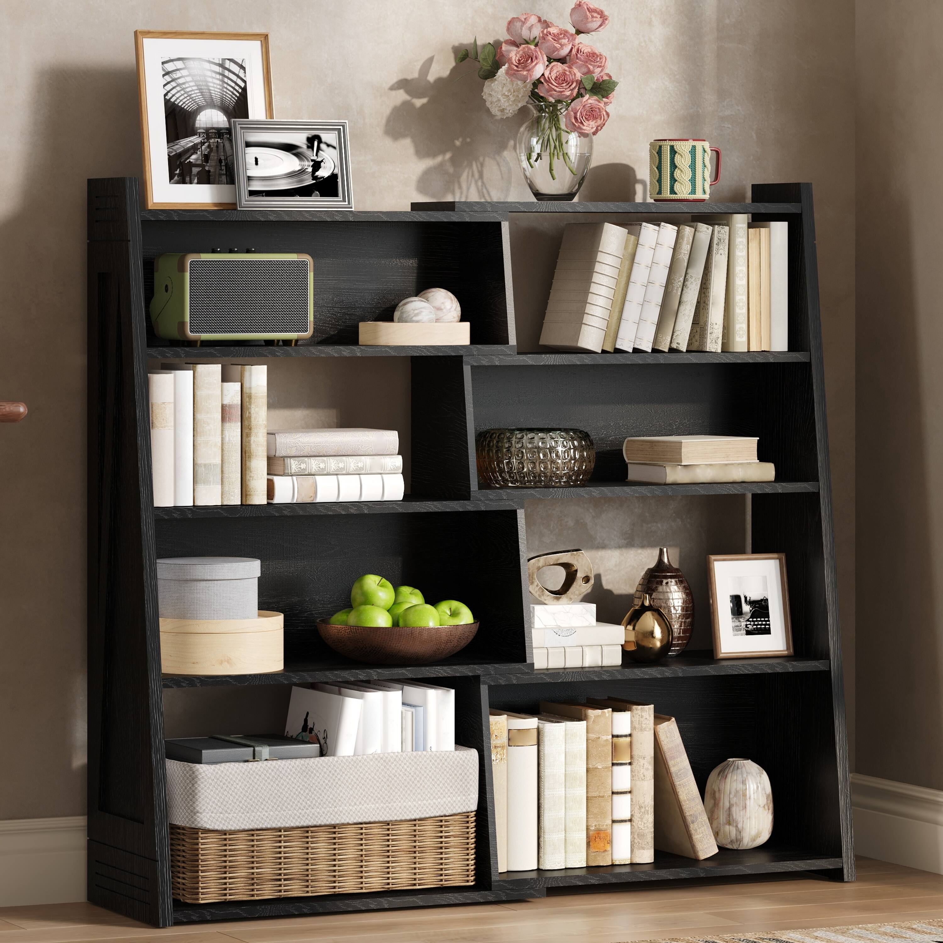 Front. Z-Edge - Wooden Expandable Bookshelf Storage Rack, 4-Tier L-Shaped Adjustable 2-Piece Bookcase, Extendable up to 47" for Corner - Black.