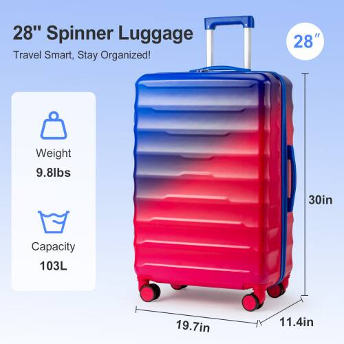 28" Spinner Luggage  
Travel Smart, Stay Organized!  

Weight: 9.8lbs  
Capacity: 103L  

Dimensions:  
- Height: 30in  
- Width: 19.7in  
- Depth: 11.4in