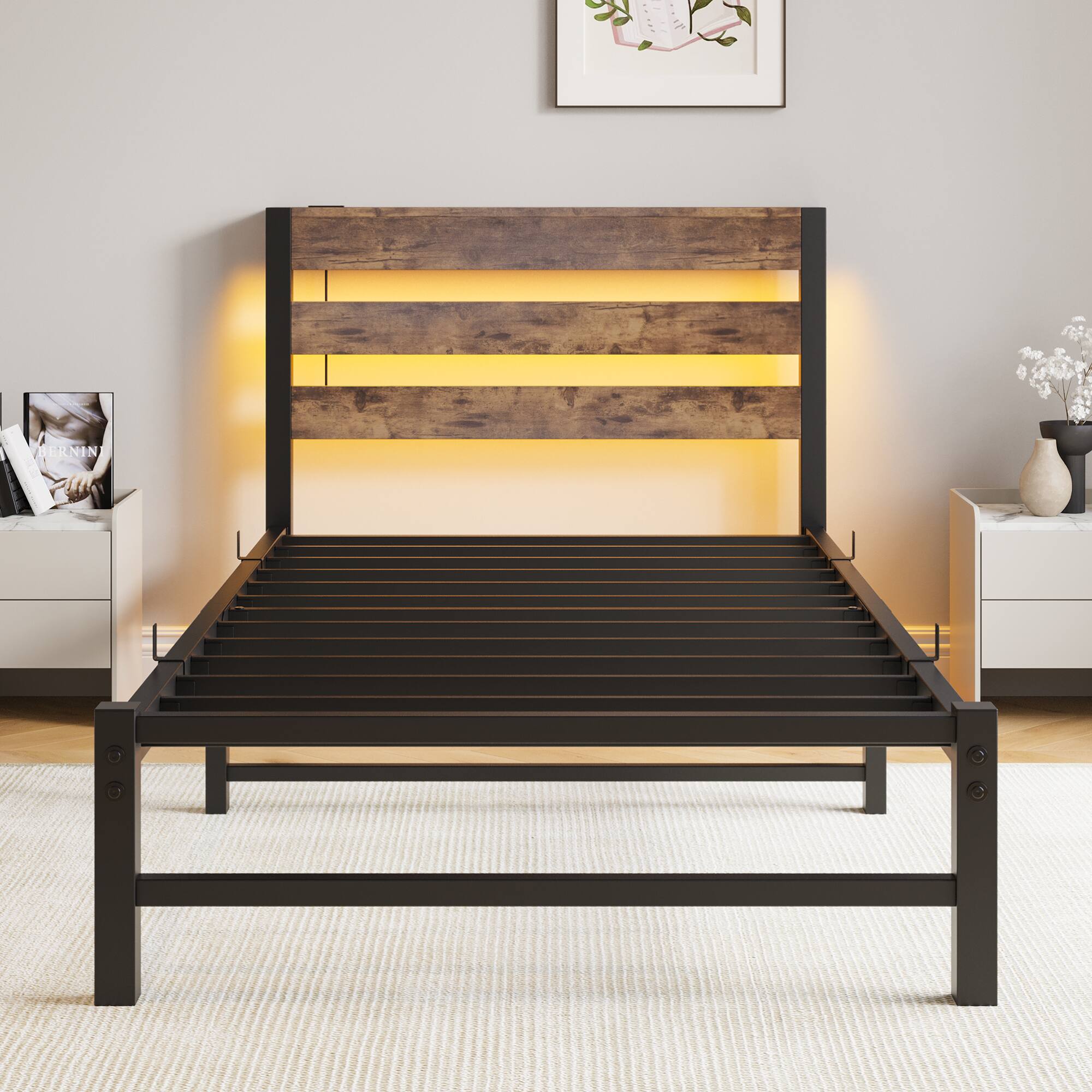 Alt View 1. GOODSILO - Heavy Duty Twin Size Platform Bed Frame with USB Charging, LED Lighting, and Under-Bed Storage - Beige+Brown.